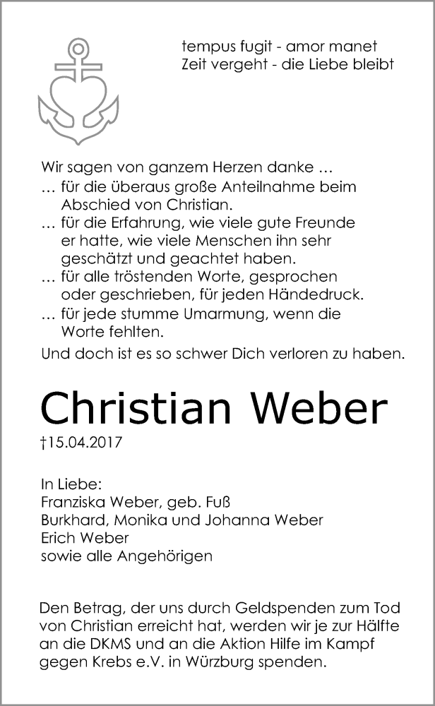  Traueranzeige für Christian Weber vom 19.05.2017 aus Giessener Allgemeine, Alsfelder Allgemeine