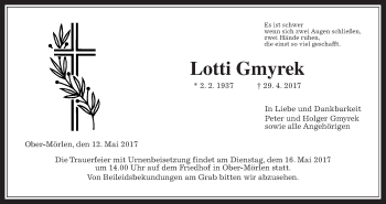 Traueranzeige von Lotte Gmyrek von Wetterauer Zeitung, Wetterauer Zeitung