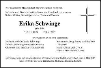 Traueranzeige von Erika Schwinge von Wetterauer Zeitung, Wetterauer Zeitung