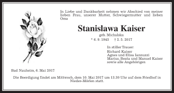 Traueranzeige von Stanislawa Kaiser von Wetterauer Zeitung, Wetterauer Zeitung
