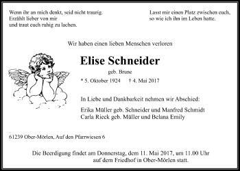 Traueranzeige von Elise Schneider von Wetterauer Zeitung, Wetterauer Zeitung