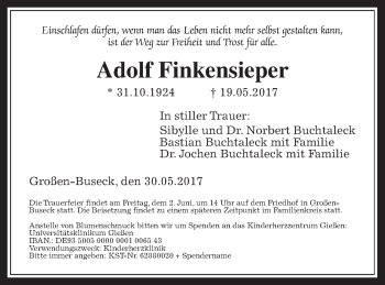 Traueranzeige von Adolf Finkensieper von Giessener Allgemeine, Alsfelder Allgemeine
