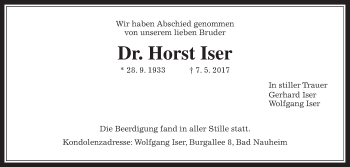 Traueranzeige von Horst Iser von Wetterauer Zeitung, Wetterauer Zeitung