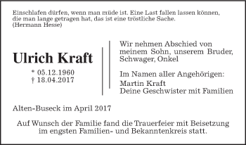 Traueranzeige von Ulrich Kraft von Giessener Allgemeine, Alsfelder Allgemeine