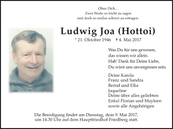 Traueranzeige von Ludwig Joa von Wetterauer Zeitung, Wetterauer Zeitung