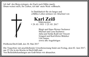 Traueranzeige von Karl Zeiß von Giessener Allgemeine, Alsfelder Allgemeine