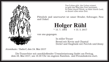 Traueranzeige von Holger Rühl von Alsfelder Allgemeine