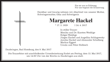 Traueranzeige von Margarete Hackel von Giessener Allgemeine, Alsfelder Allgemeine