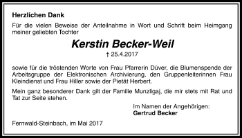 Traueranzeige von Kerstin Becker-Weil von Licher Wochenblatt, Licher Wochenblatt, Licher Wochenblatt