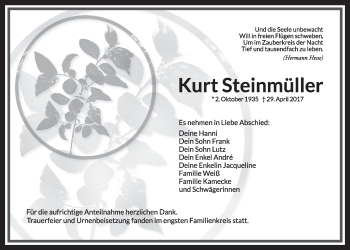 Traueranzeige von Kurt Steinmüller von Giessener Allgemeine, Alsfelder Allgemeine