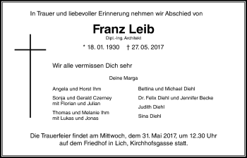 Traueranzeige von Franz Leib von Giessener Allgemeine, Alsfelder Allgemeine