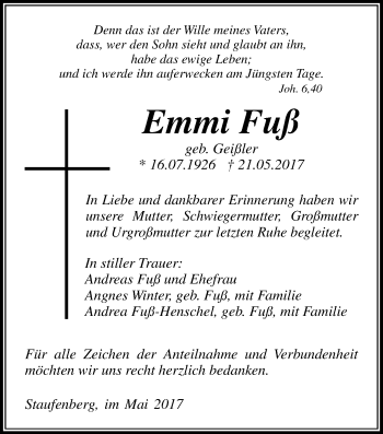 Traueranzeige von Emmi Fuß von Giessener Allgemeine, Alsfelder Allgemeine