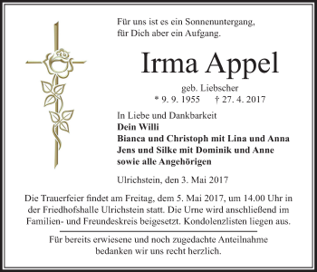 Traueranzeige von Irma Appel von Alsfelder Allgemeine