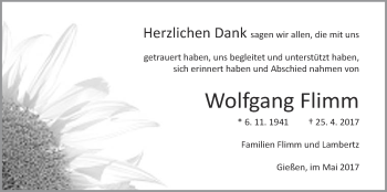 Traueranzeige von Wolfgang Flimm von Giessener Allgemeine, Alsfelder Allgemeine