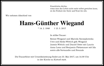 Traueranzeige von Hans-Günther Wiegand von Alsfelder Allgemeine