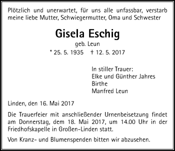 Traueranzeige von Gisela Eschig von Giessener Allgemeine, Alsfelder Allgemeine
