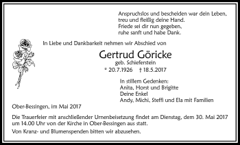 Traueranzeige von Gertrud Göricke von Licher Wochenblatt, Licher Wochenblatt, Licher Wochenblatt