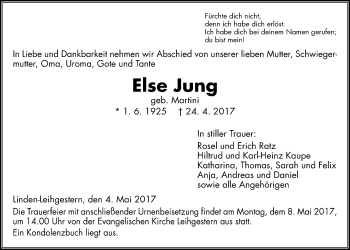 Traueranzeige von Else Jung von Giessener Allgemeine, Alsfelder Allgemeine