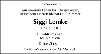 Traueranzeige von Siggi Lemke von Giessener Allgemeine, Alsfelder Allgemeine