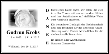 Traueranzeige von Grudrun Krohs von Wetterauer Zeitung, Wetterauer Zeitung