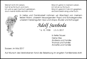 Traueranzeige von Adolf Swoboda von Giessener Allgemeine, Alsfelder Allgemeine