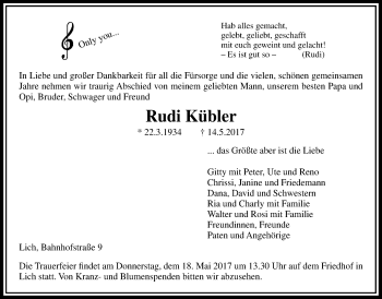 Traueranzeige von Rudi Kübler von Giessener Allgemeine, Alsfelder Allgemeine