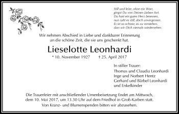 Traueranzeige von Lieselotte Leonhardi von Wetterauer Zeitung, Wetterauer Zeitung