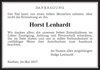 Traueranzeige von Horst Lenhardt von Wetterauer Zeitung, Wetterauer Zeitung