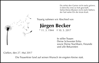 Traueranzeige von Jürgen Becker von Giessener Allgemeine, Alsfelder Allgemeine