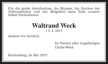 Traueranzeige von Waltraud Weck von Wetterauer Zeitung, Wetterauer Zeitung