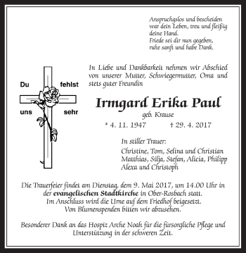 Traueranzeige von Irmgard Erika Paul von Wetterauer Zeitung, Wetterauer Zeitung