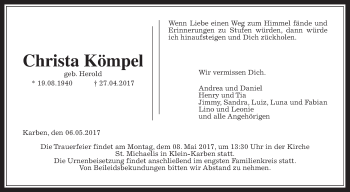 Traueranzeige von Christa Kömpel von Wetterauer Zeitung, Wetterauer Zeitung