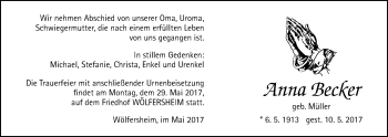 Traueranzeige von Anna Becker von Wetterauer Zeitung, Wetterauer Zeitung