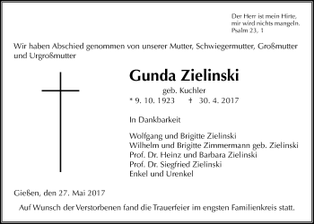 Traueranzeige von Gunda Zielinski von Giessener Allgemeine, Alsfelder Allgemeine