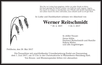 Traueranzeige von Werner Reitschmidt von Giessener Allgemeine, Alsfelder Allgemeine