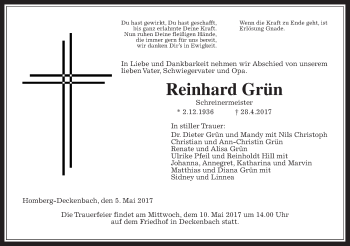 Traueranzeige von Reinhard Grün von Giessener Allgemeine, Alsfelder Allgemeine