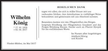 Traueranzeige von Wilhelm König von Wetterauer Zeitung, Wetterauer Zeitung