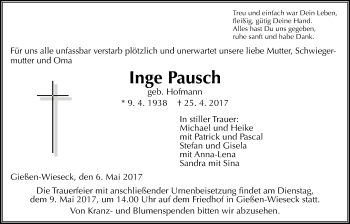 Traueranzeige von Inge Pausch von Giessener Allgemeine, Alsfelder Allgemeine