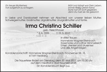 Traueranzeige von Irma Christina Schiller von Wetterauer Zeitung, Wetterauer Zeitung