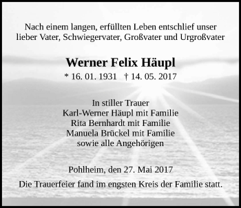 Traueranzeige von Werner Felix Häupl von Giessener Allgemeine, Alsfelder Allgemeine