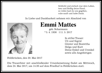 Traueranzeige von Emmi Mattes von Alsfelder Allgemeine