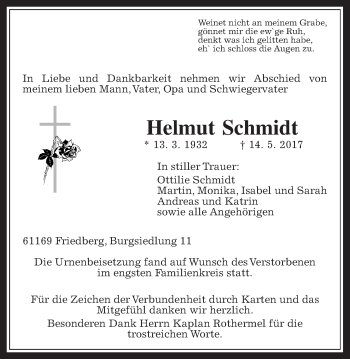 Traueranzeige von Helmut Schmidt von Wetterauer Zeitung, Wetterauer Zeitung