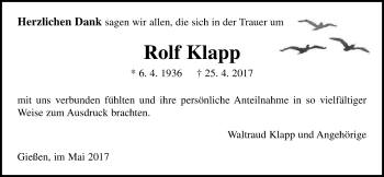 Traueranzeige von Rolf Klapp von Giessener Allgemeine, Alsfelder Allgemeine