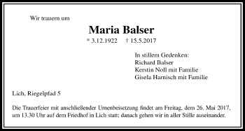 Traueranzeige von Maria Balser von Licher Wochenblatt, Licher Wochenblatt, Licher Wochenblatt