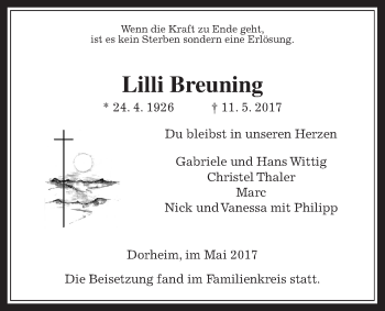 Traueranzeige von Lilli Breuning von Wetterauer Zeitung, Wetterauer Zeitung