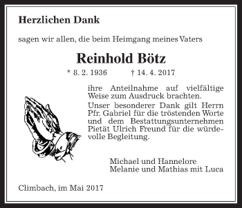 Traueranzeige von Reinhold Bötz von Giessener Allgemeine, Alsfelder Allgemeine