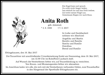 Traueranzeige von Anita Roth von Giessener Allgemeine, Alsfelder Allgemeine