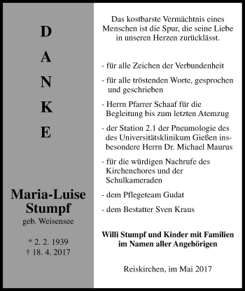 Traueranzeige von Marie-Luise Stumpf von Giessener Allgemeine, Alsfelder Allgemeine
