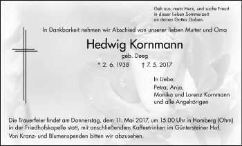 Traueranzeige von Hedwig Kornmann von Alsfelder Allgemeine