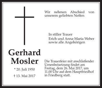 Traueranzeige von Gerhard Mosler von Wetterauer Zeitung, Wetterauer Zeitung